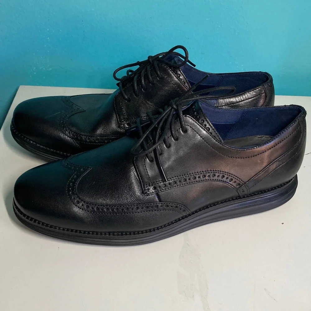 Mens Size 11.5 Cole Haan Black Leather Lace Up Dress Shoes Wingtip Oxfords